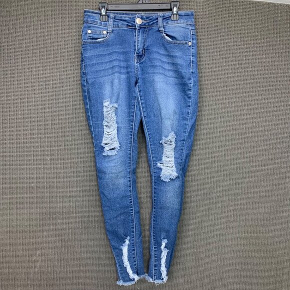 U.W.J Womens Size 5/6 Distressed Blue Skinny Jeans Frayed Ankle Hem - Picture 1 of 8